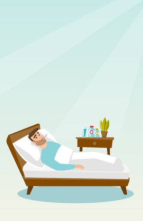 Caucasian sick man laying in bed with fever measuring temperature with a thermometer in mouth, suffering from cold or flu virus; Vector flat design illustration Vertical layout.のイラスト素材