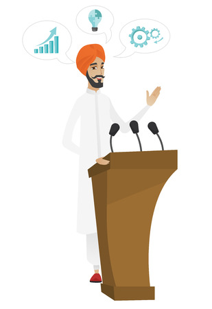 Politician speaking to audience from tribune. Politician giving speech from tribune. Politician standings behind tribune with microphones. Vector flat design illustration isolated on white background.のイラスト素材