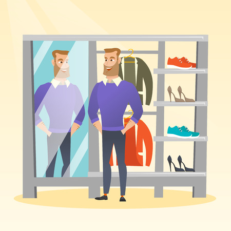 Young caucasian man looking in the mirror in the dressing room. Man trying on sweater in the dressing room. Man choosing clothes in the dressing room. Vector flat design illustration. Square layout.のイラスト素材
