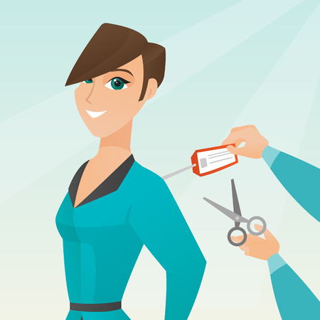 Young caucasian cheerful woman cutting a price tag off new jacket with scissors. Cheerful woman removing a label off new jacket. Vector flat design illustration. Square layout.のイラスト素材
