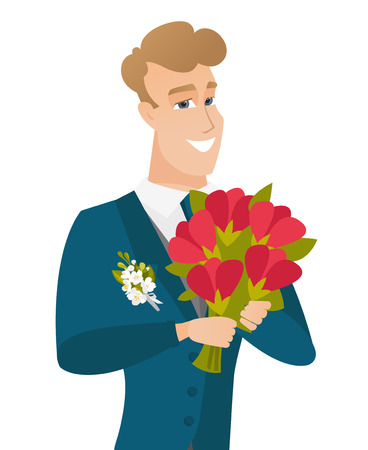 Young caucasian groom with bridal bouquet.のイラスト素材