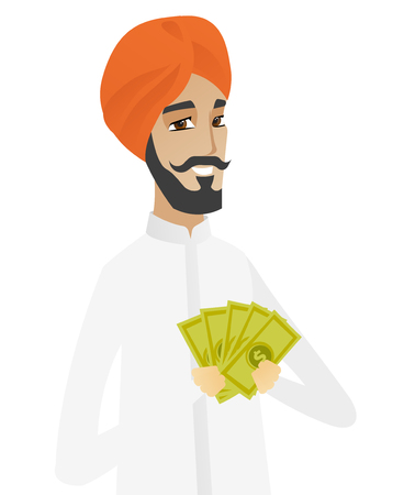 Hindu businessman holding money. Excited businessman standing with money in hands. Full length of businessman with money. Vector flat design illustration isolated on white background.のイラスト素材