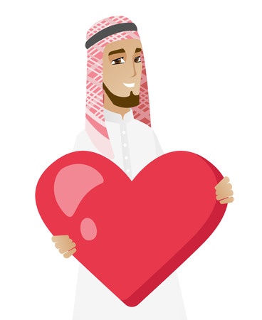 Muslim businessman showing a big heart. Young smiling happy businessman with heart shape. Cheerful businessman holding a red heart. Vector flat design illustration isolated on white background.のイラスト素材