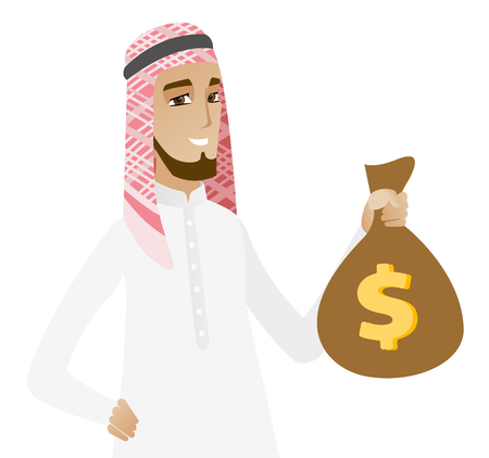 Muslim businessman showing a money bag with a dollar sign. Young happy businessman holding a money bag. Vector flat design illustration isolated on white background.のイラスト素材
