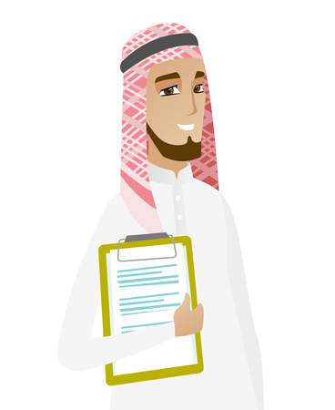 Muslim businessman holding a clipboard with documents. Young smiling businessman in a headscarf holding documents. Vector flat design illustration isolated on white background.のイラスト素材