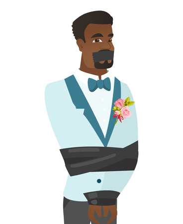 Young african groom tied up with rope and gagged with adhesive tape. Groom taken hostage. Groom with tape on his mouth and bound hands. Vector flat design illustration isolated on white background.のイラスト素材