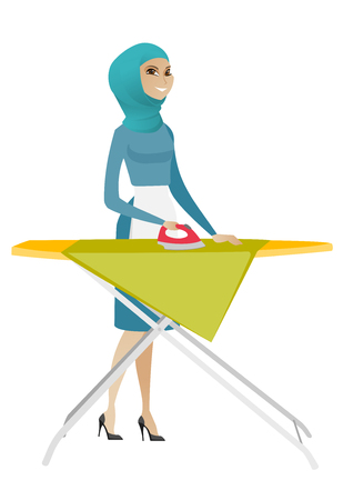 Muslim maid ironing clothes using iron on ironing board after laundry. Full length of young hotel maid ironing clothes on ironing board. Vector flat design illustration isolated on white background.のイラスト素材