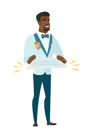 Cheerful african-american groom in a wedding suit holding a contract. Full length of groom with a contract. Groom holding a contract. Vector flat design illustration isolated on white background.のイラスト素材