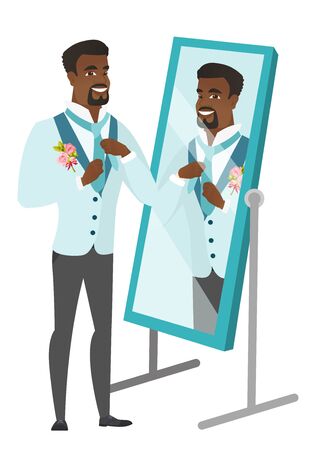 Cheerful african groom has a final preparation before the wedding in front of the mirror. Groom looking in the mirror and adjusting tie. Vector flat design illustration isolated on white background.のイラスト素材
