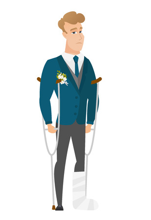 Injured caucasian bridegroom with broken leg on crutches. Groom with broken leg in bandages. Full length of bridegroom with broken leg. Vector flat design illustration isolated on white background.のイラスト素材