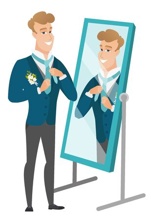 Groom looking in the mirror and adjusting tie.のイラスト素材