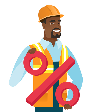 Happy smiling african-american builder holding percent sign. Full length of young cheerful builder in hard hat holding big percent sign. Vector flat design illustration isolated on white background.のイラスト素材