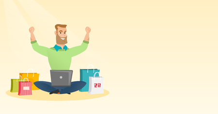 Caucasian man using a laptop for online shopping.のイラスト素材