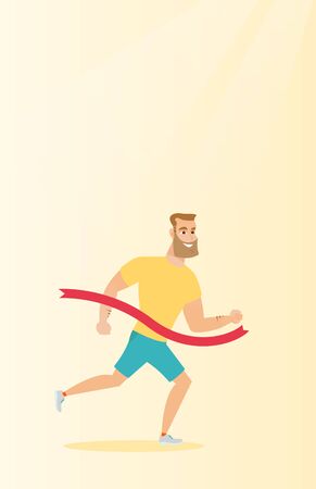 Cheerful young hipster sportsman crossing the finish line. Caucasian smiling sportsman breaking finish line and winning a marathon. Winning concept. Vector flat design illustration. Vertical layout.のイラスト素材