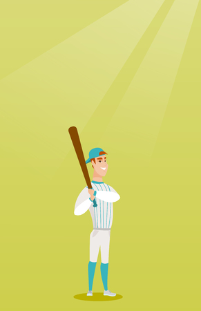 Full length of caucasian smiling baseball player in uniform. Professional baseball player holding a bat. Young cheerful sportsman playing baseball. Vector flat design illustration. Vertical layout.のイラスト素材
