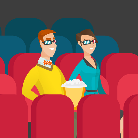 Young couple watching three D movie in the theatre. Smiling caucasian friends in three d glasses watching movie and eating popcorn in the cinema. Vector cartoon illustration. Square layout.のイラスト素材