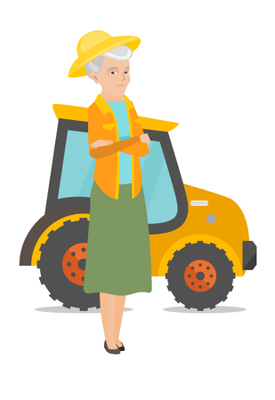 Caucasian farmer standing on the background of tractor. Senior smiling farmer with folded arms standing in front of tractor. Vector flat design illustration isolated on white background.のイラスト素材