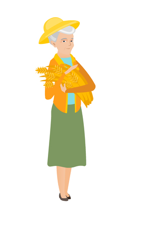 Senior caucasian female farmer holding hay in hands. Full length of happy female farmer with hay in hands. Farmer carrying hay. Vector flat design illustration isolated on white background.のイラスト素材