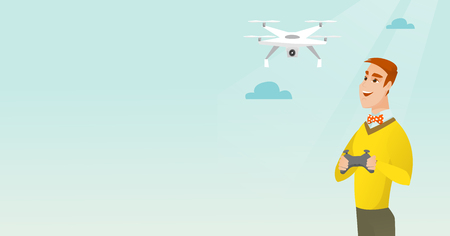 Young caucasian man flying drone with a remote control. Cheerful man operating a drone with a remote control. Happy man controling a drone. Vector cartoon illustration. Horizontal layout.のイラスト素材