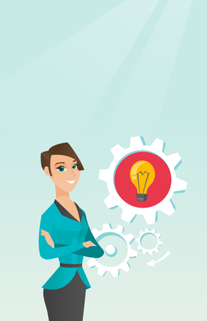 Caucasian woman with business idea bulb in gear.のイラスト素材