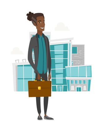 Young african businessman holding briefcase. Vector illustration.のイラスト素材