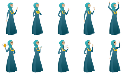 Young muslim business woman set. Business woman waving her hand, giving thumb up, holding money, cell phone, pointing finger up. Set of vector flat design illustrations isolated on white background.のイラスト素材