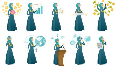 Young muslim business woman set. Set of vector flat design illustrations isolated on white background.のイラスト素材