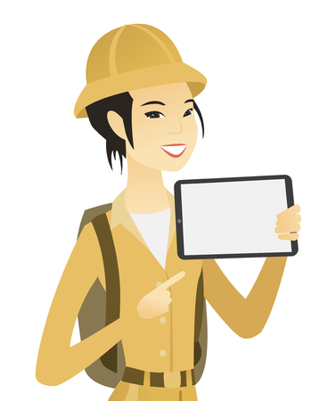 Young asian traveler holding tablet computer. Vector illustration.のイラスト素材