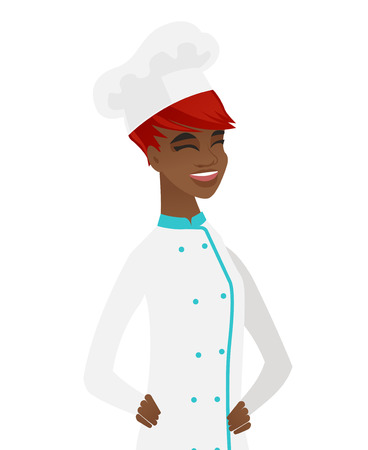 Young african-american chef cook laughing. Chef cook laughing with hands on stomach. Chef cook laughing with closed eyes and open mouth. Vector flat design illustration isolated on white background.のイラスト素材