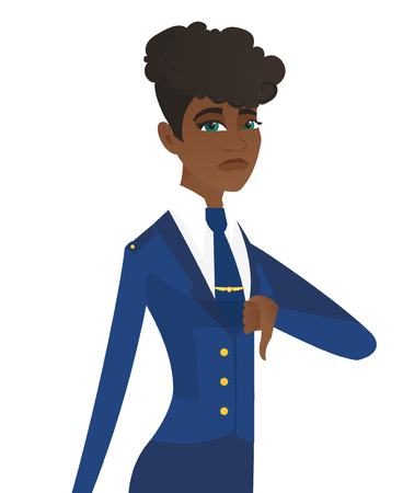 Disappointed african-american stewardess with thumb down. Stewardess showing thumb down. Young stewardess with her thumb down. Vector flat design illustration isolated on white background.のイラスト素材
