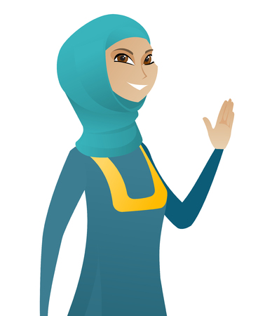 Muslim business woman waving her hand. Young cheerful business woman making greeting gesture - waving hand. Vector flat design illustration isolated on white background.のイラスト素材