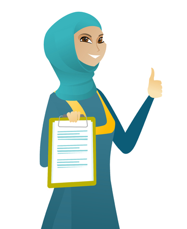 Muslim business woman holding clipboard and giving thumb up. Young business woman with clipboard. Business woman showing clipboard. Vector flat design illustration isolated on white background.のイラスト素材