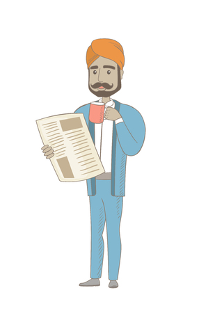 Hindu smiling businessman holding cup of coffee and newspaper vector sketch cartoon illustration isolated on white background.のイラスト素材