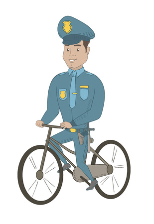 Hispanic police officer on bicycle vector sketch cartoon illustration isolated on white background.のイラスト素材