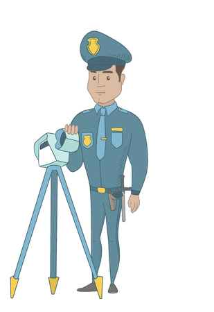 Hispanic police officer controlling driving speed with a radar vector sketch cartoon illustration isolated on white background.のイラスト素材