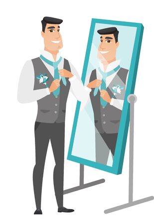 Groom looking in the mirror and adjusting tie.のイラスト素材