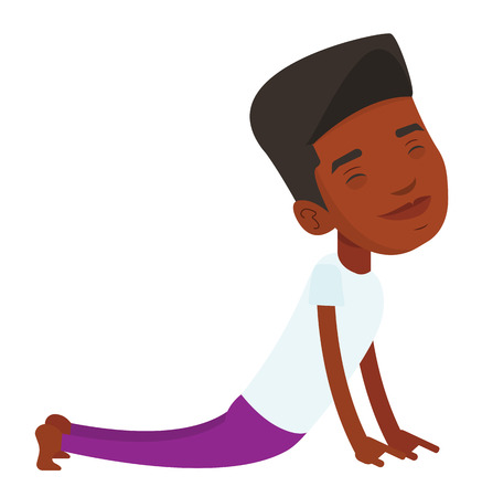 African-american young sportsman practicing yoga upward dog pose. Sportsman meditating in yoga upward dog position. Sporty man doing yoga. Vector flat design illustration isolated on white background.のイラスト素材