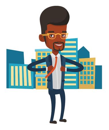 African-american businessman superhero. Businessman opening his jacket like superhero. Businessman taking off his jacket like superhero. Vector flat design illustration isolated on white background.のイラスト素材