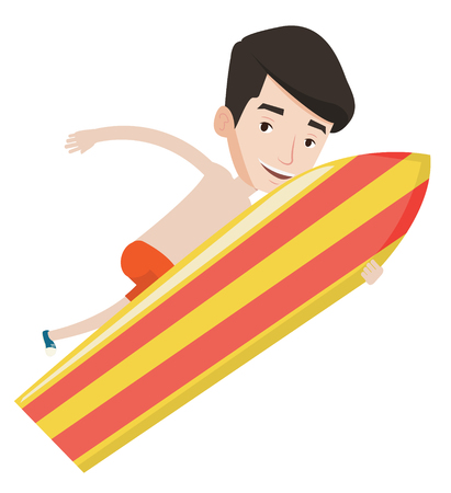 Young happy caucasian surfer having fun during execution of a move. Smiling surfer in action on a surf board. Cheerful surfer doing trick. Vector flat design illustration isolated on white background.のイラスト素材