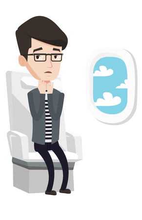 Man shocked by plane flight in a turbulent area. Airplane passenger frightened by flight. Afraid man sitting in airplane seat during flight.Vector flat design illustration isolated on white backgroundのイラスト素材