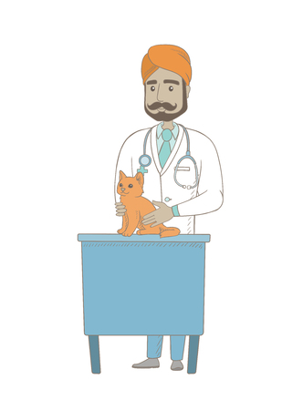 Young indian veterinarian examining a cat in hospital. Veterinarian checking a cat in vet clinic. Concept of medicine and pet care. Vector sketch cartoon illustration isolated on white background.のイラスト素材