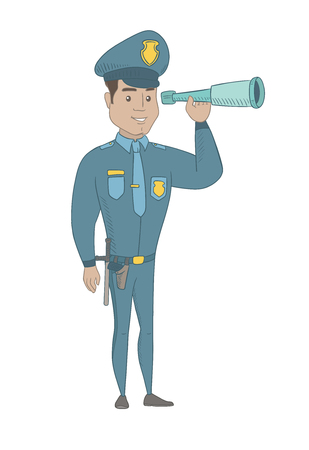 Hispanic policeman holding a spyglass. Young policeman looking through a spyglass. Policeman monitoring safety with a spyglass. Vector sketch cartoon illustration isolated on white background.のイラスト素材