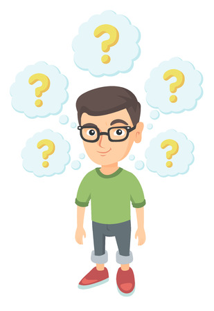 Caucasian thinking boy with question marks. Thoughtful little boy in glasses standing under question marks above his head. Vector sketch cartoon illustration isolated on white background.のイラスト素材