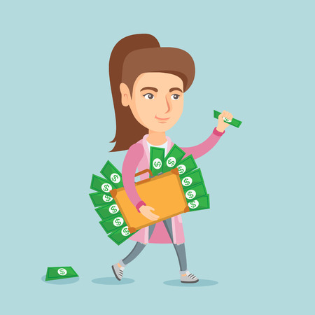 Young corrupt caucasian executive manager walking with briefcase full of money.のイラスト素材