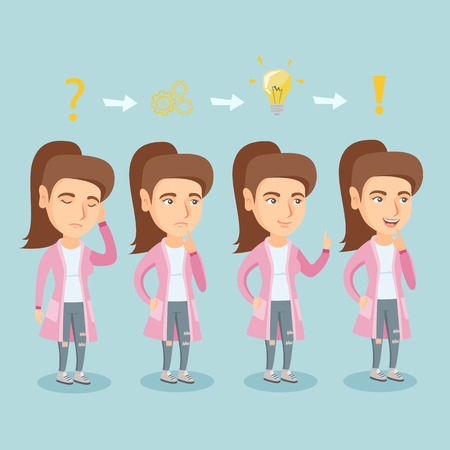Caucasian business woman standing under question mark, gears, light bulb, exclamation sign and working on a new business plan.のイラスト素材