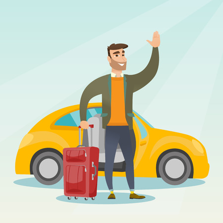 Caucasian man with suitcase standing on the background of car with open door. Young happy man waving in front of car. Cheerful man going on vacation by car. Vector cartoon illustration. Square layout.のイラスト素材