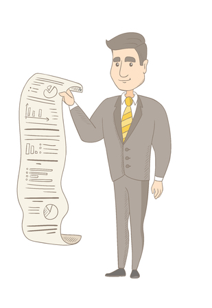 Smiling caucasian businessman showing document with business report. Full length of young businessman presenting business report. Vector sketch cartoon illustration isolated on white background.のイラスト素材