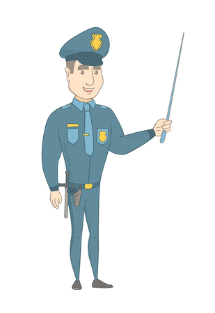 Caucasian policeman in uniform holding a pointer. Young policeman using a pointer during training. Policeman pointing with a pointer. Vector sketch cartoon illustration isolated on white background.のイラスト素材