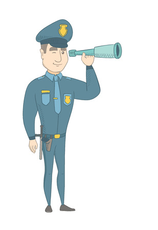 Caucasian policeman holding a spyglass. Young policeman looking through a spyglass. Policeman monitoring safety with a spyglass. Vector sketch cartoon illustration isolated on white background.のイラスト素材