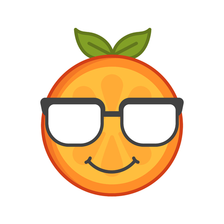 Cute smile emoji wearing glasses. Smiley smart orange fruit emoji with glasses. Vector flat design emoticon icon isolated on white background.のイラスト素材